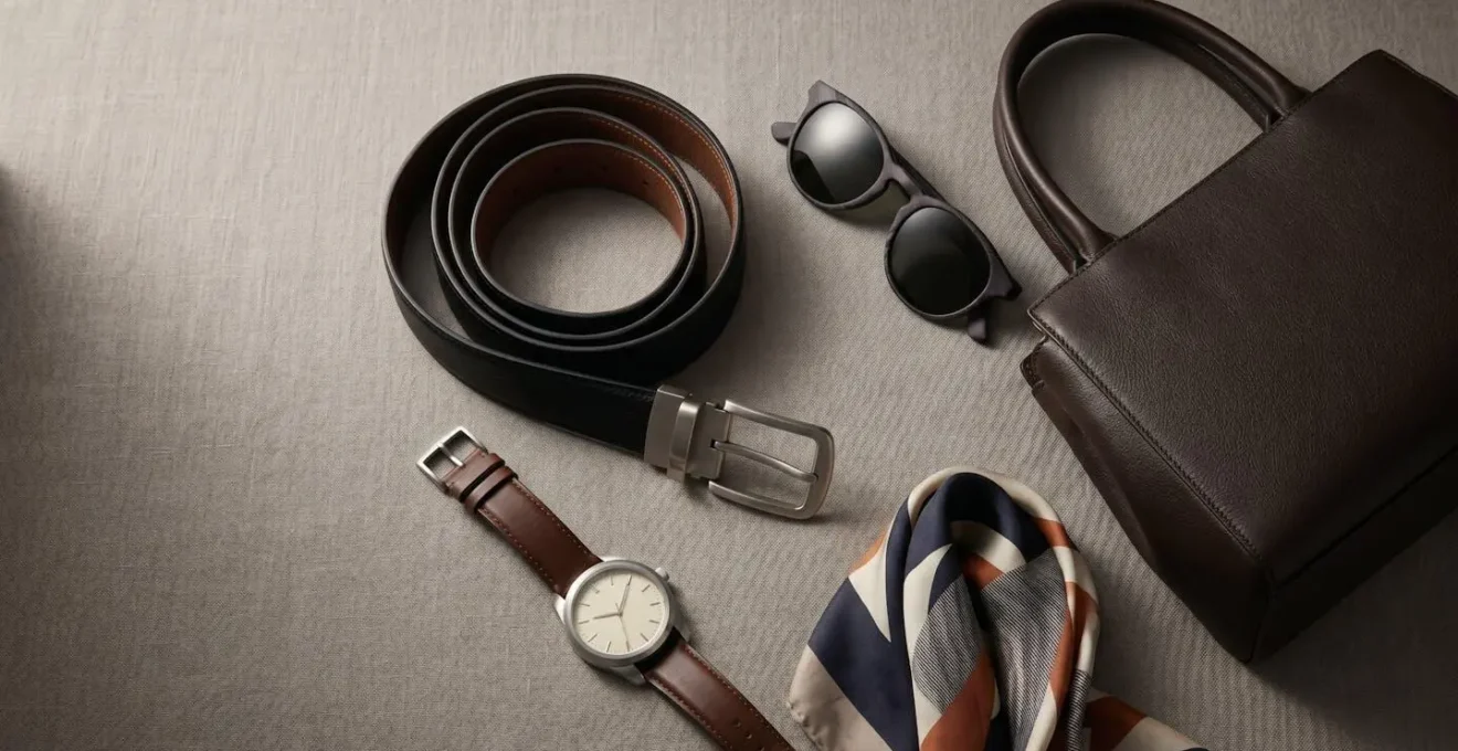 Composition éditoriale d'accessoires de mode intemporels sur fond minimaliste
