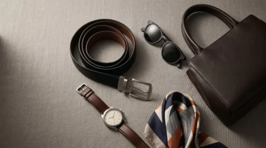 Composition éditoriale d'accessoires de mode intemporels sur fond minimaliste