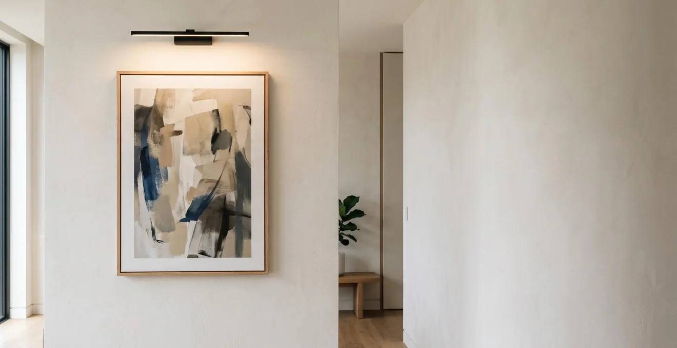 Applique murale élégante orientée vers un tableau encadré dans un intérieur contemporain, créant un éclairage doux sans reflet