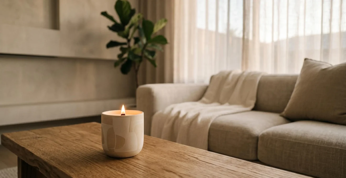 Ambiance apaisante avec bougie parfumee dans un espace minimaliste baigne de lumiere douce