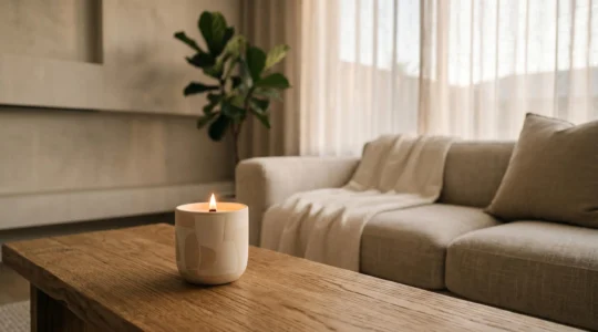 Ambiance apaisante avec bougie parfumee dans un espace minimaliste baigne de lumiere douce