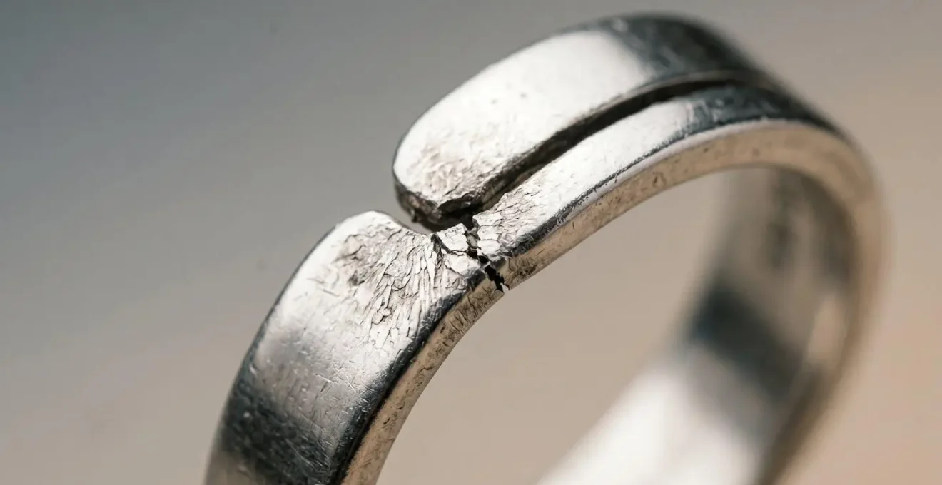 Gros plan détaillé d'une bague ajustable en argent présentant une microfissure au niveau de l'ouverture ajustable