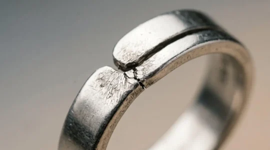 Gros plan détaillé d'une bague ajustable en argent présentant une microfissure au niveau de l'ouverture ajustable