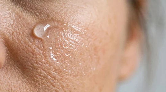 Close-up de texture de base de maquillage transparente avec effet floutant sur peau naturelle