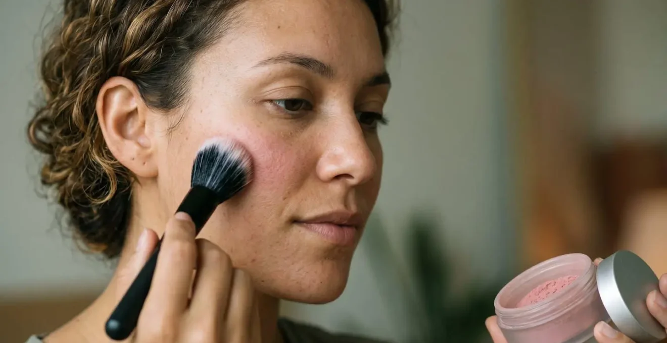 Application de blush minéral en poudre sur pommettes pour peaux sensibles avec pinceau kabuki