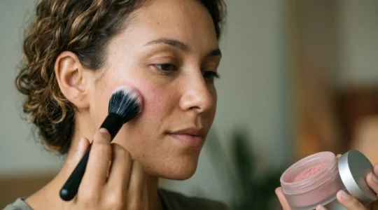 Application de blush minéral en poudre sur pommettes pour peaux sensibles avec pinceau kabuki