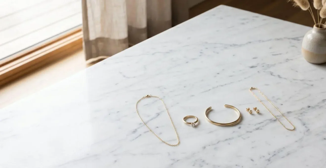 Collection minimaliste de cinq bijoux en or disposés avec élégance sur une surface épurée