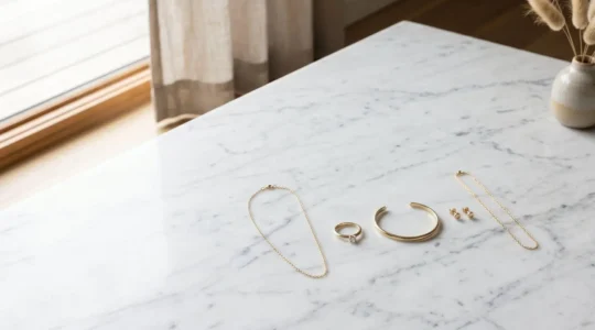 Collection minimaliste de cinq bijoux en or disposés avec élégance sur une surface épurée
