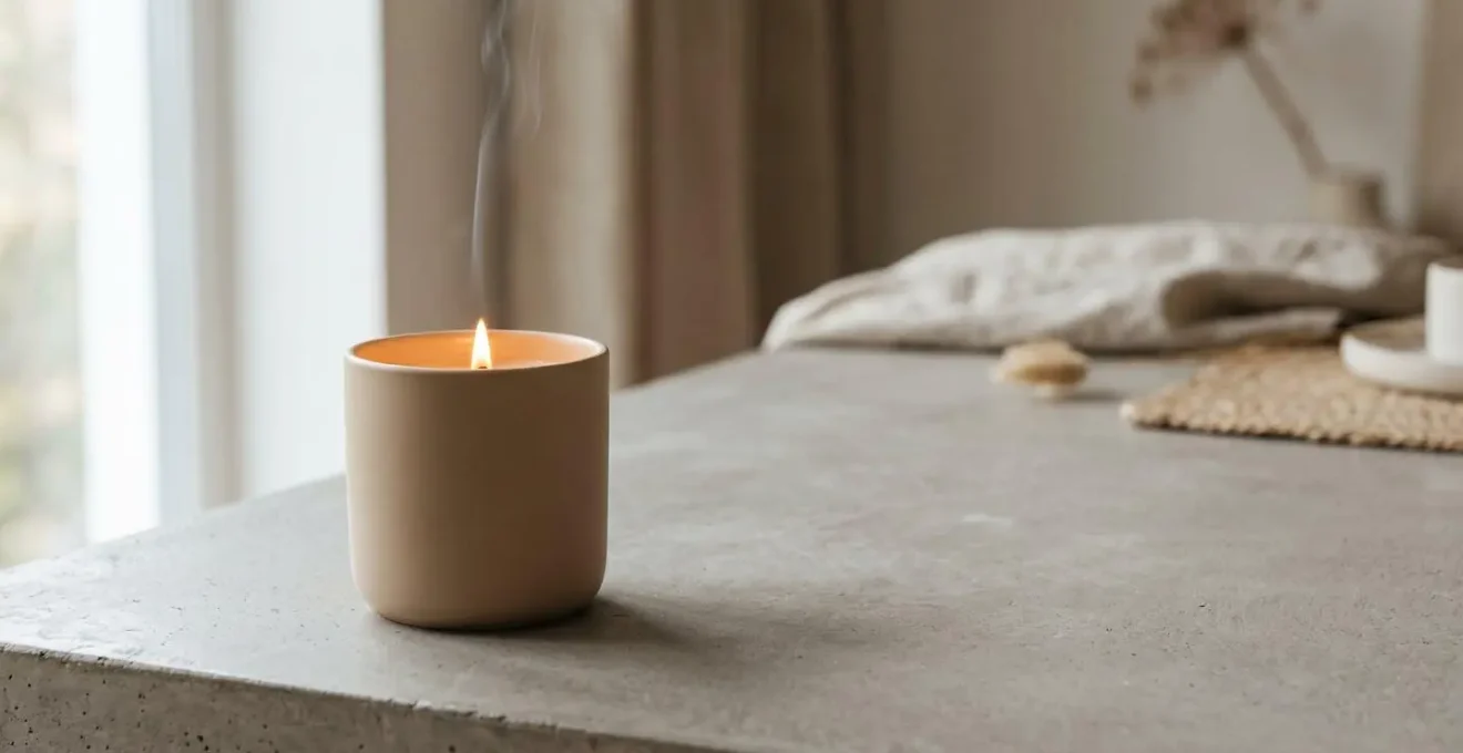 Bougie parfumée artisanale à la flamme douce créant une ambiance apaisante dans un intérieur minimaliste