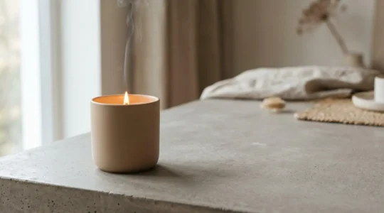 Bougie parfumée artisanale à la flamme douce créant une ambiance apaisante dans un intérieur minimaliste