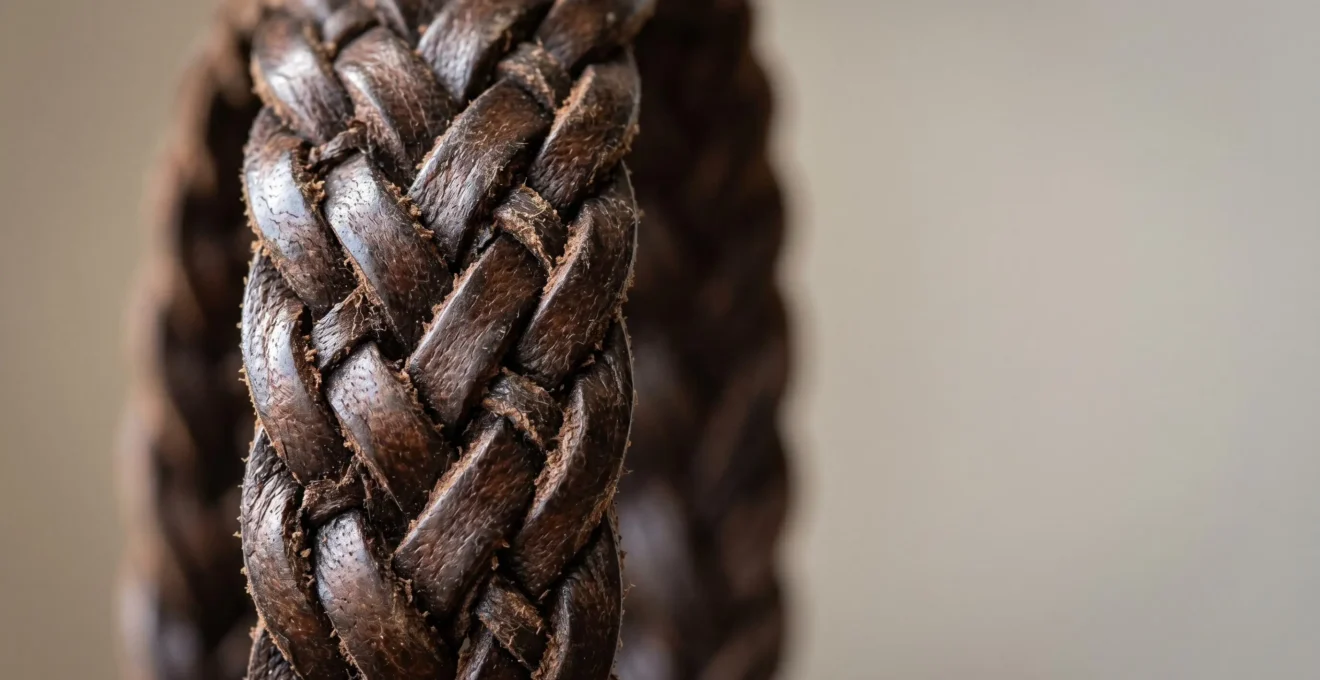 Gros plan détaillé sur un bracelet en cuir tressé naturel présentant une texture authentique et une patine élégante