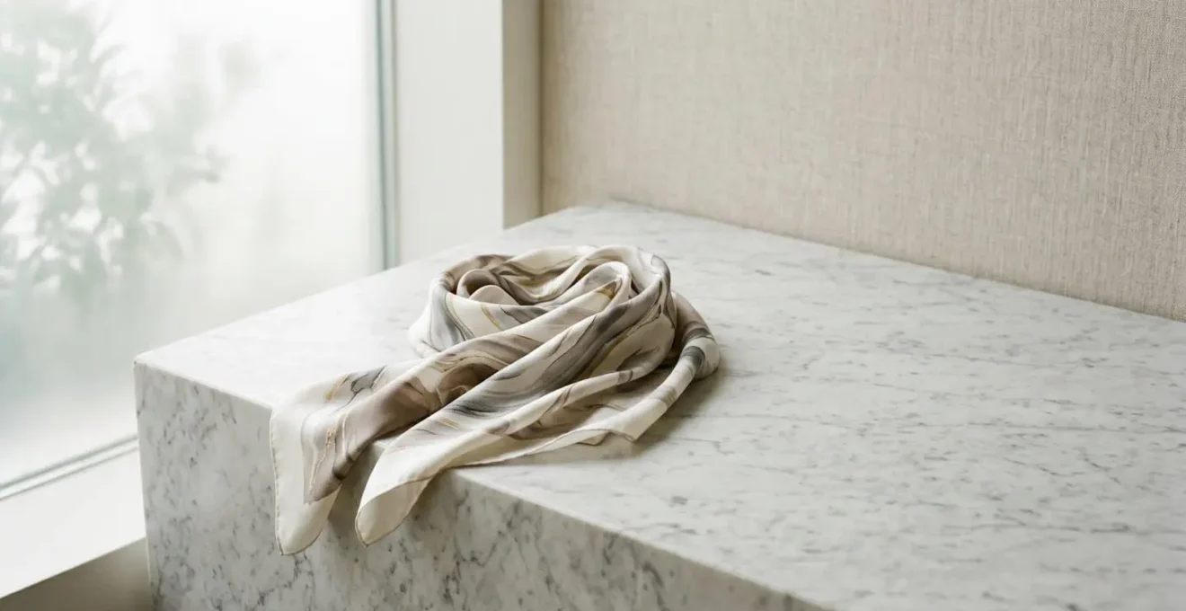 Carré de soie aux motifs délicats disposé avec élégance sur fond neutre minimaliste