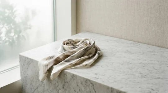 Carré de soie aux motifs délicats disposé avec élégance sur fond neutre minimaliste