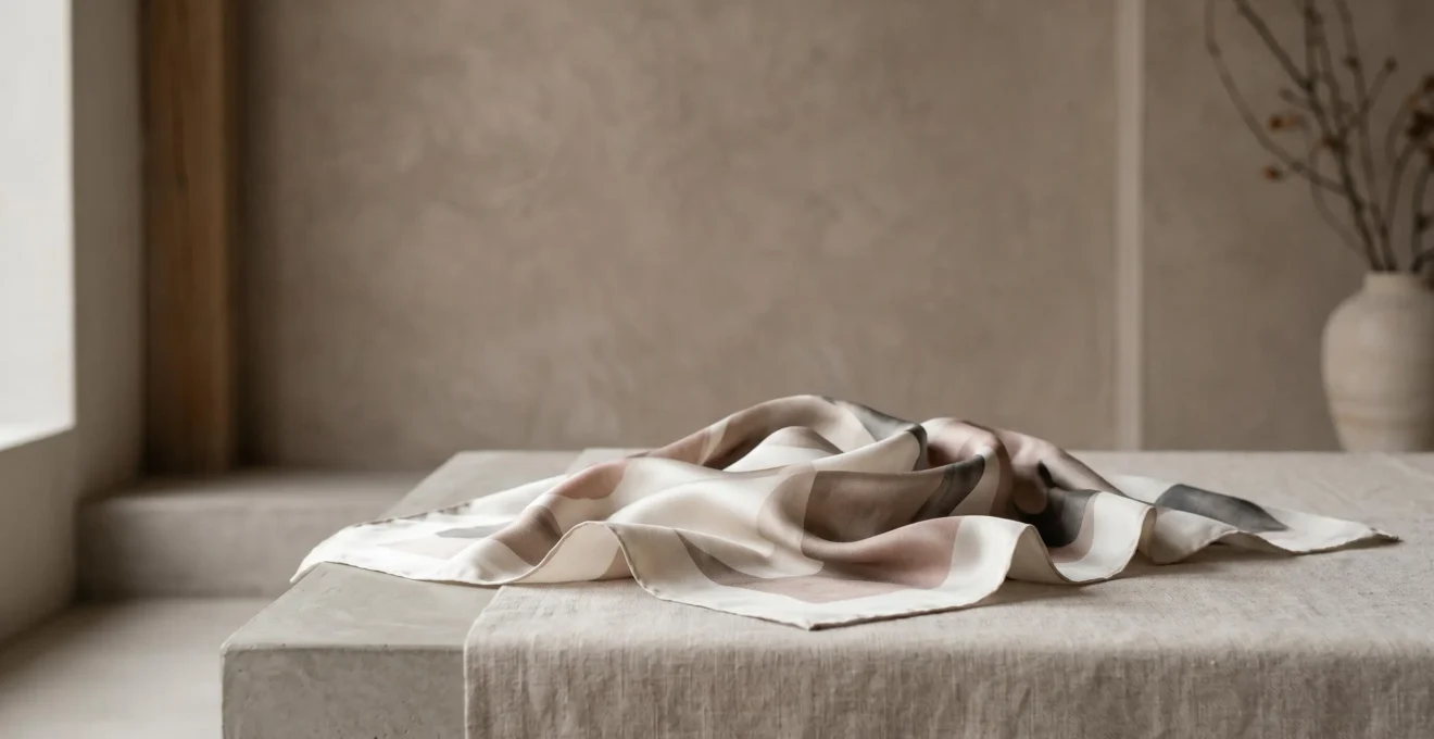 Carré de soie élégant drapé sur fond minimaliste évoquant l'harmonie et la sophistication en mode féminine