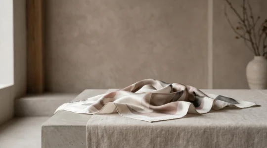 Carré de soie élégant drapé sur fond minimaliste évoquant l'harmonie et la sophistication en mode féminine