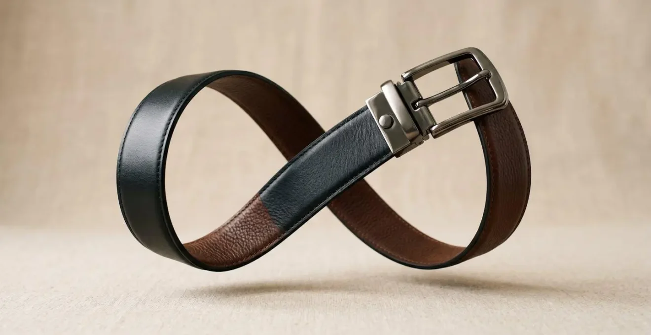 Ceinture réversible en cuir noir et marron avec mécanisme de boucle pivotante, photographiée sur fond épuré