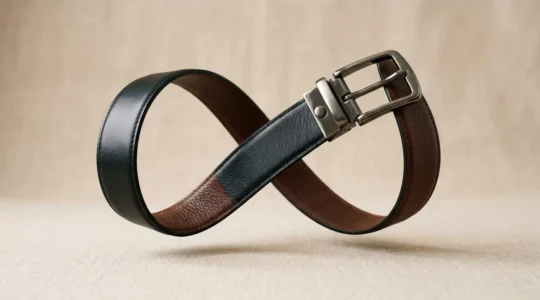 Ceinture réversible en cuir noir et marron avec mécanisme de boucle pivotante, photographiée sur fond épuré