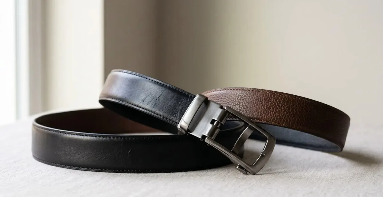 Ceinture en cuir réversible noir et marron avec mécanisme de rotation visible, composition élégante sur fond neutre