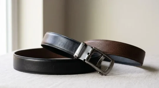 Ceinture en cuir réversible noir et marron avec mécanisme de rotation visible, composition élégante sur fond neutre