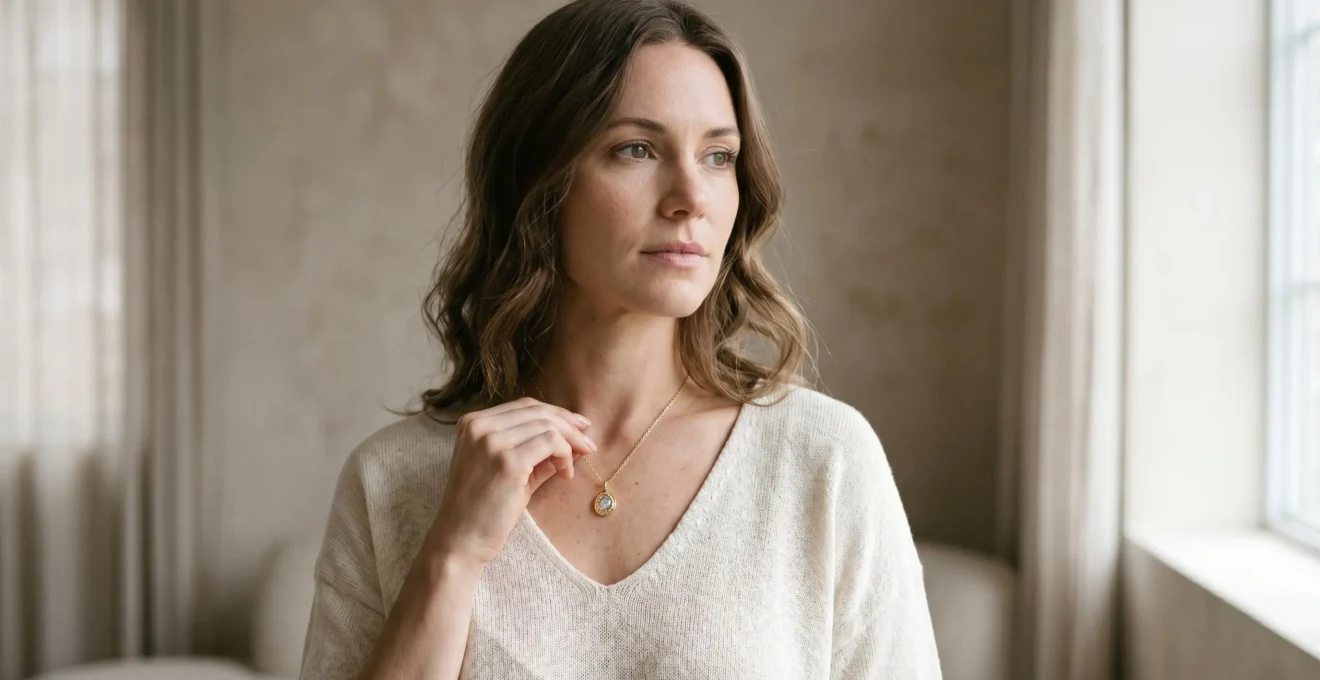 Femme élégante portant un collier adapté à sa morphologie qui met en valeur son décolleté et allonge sa silhouette