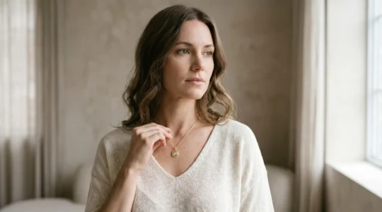Femme élégante portant un collier adapté à sa morphologie qui met en valeur son décolleté et allonge sa silhouette