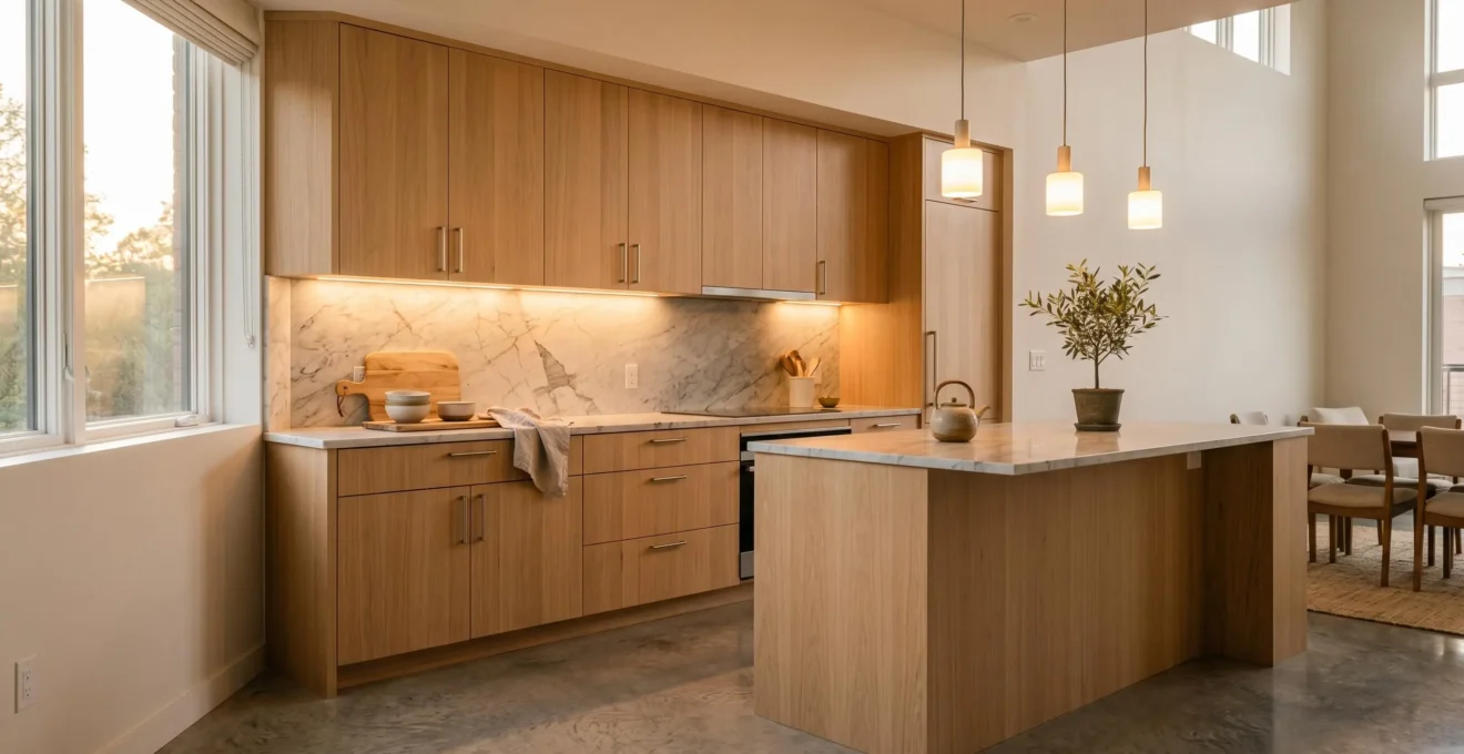 Cuisine moderne élégamment éclairée par des LED à 3000K créant une ambiance chaleureuse et accueillante
