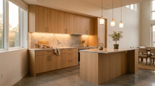 Cuisine moderne élégamment éclairée par des LED à 3000K créant une ambiance chaleureuse et accueillante