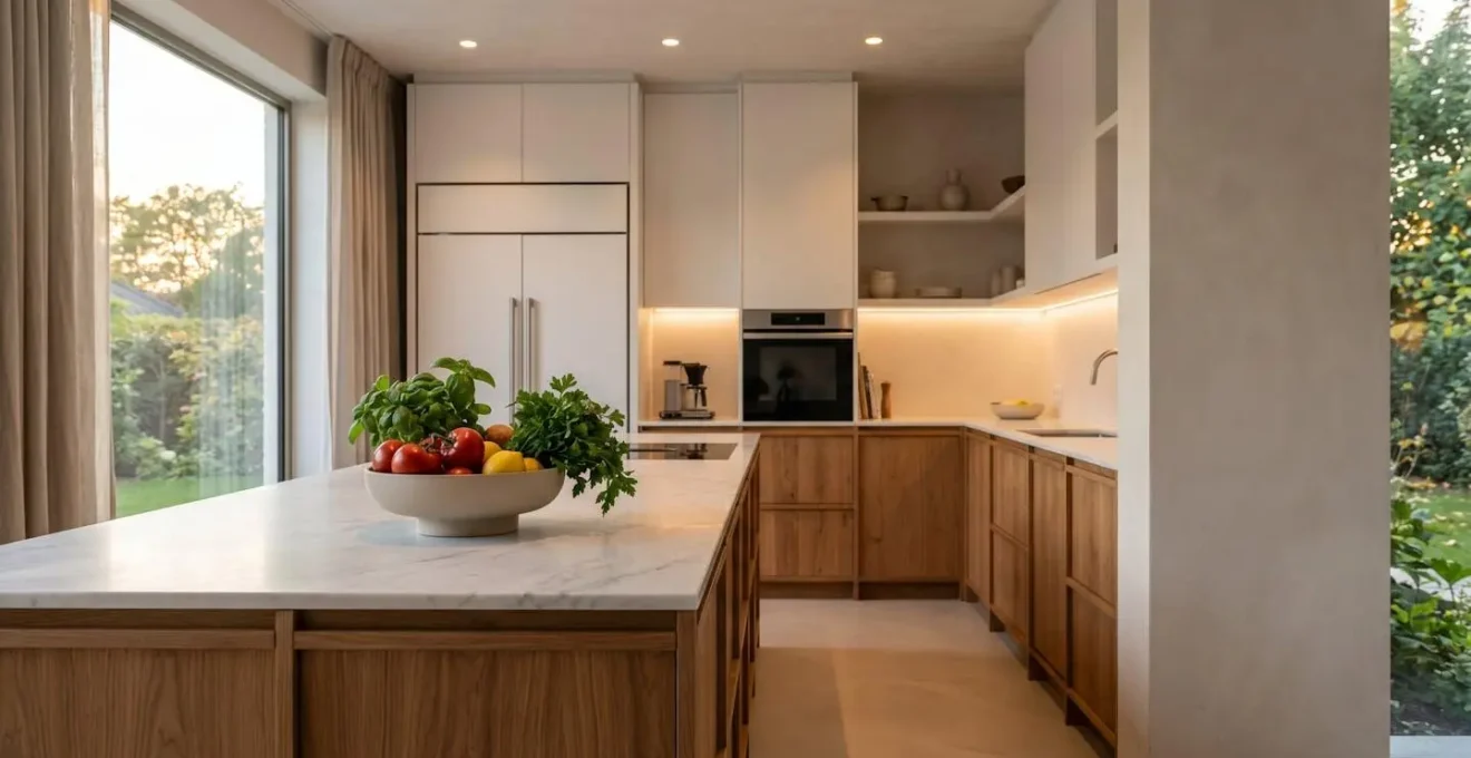 Cuisine contemporaine avec îlot central éclairée par un éclairage LED chaleureux à 3000 Kelvin révélant les textures naturelles du bois et les couleurs authentiques des aliments