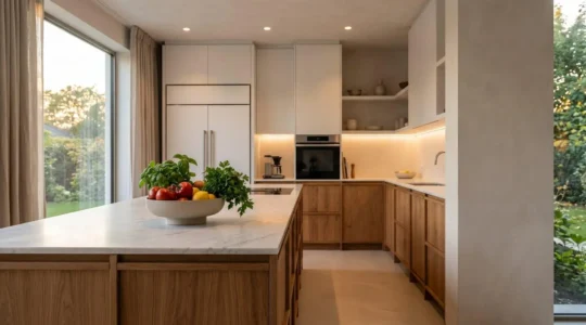 Cuisine contemporaine avec îlot central éclairée par un éclairage LED chaleureux à 3000 Kelvin révélant les textures naturelles du bois et les couleurs authentiques des aliments