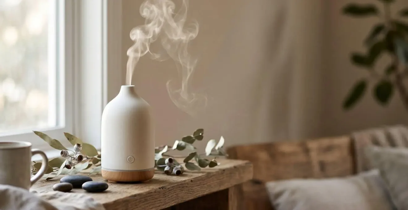 Diffuseur d'huiles essentielles moderne dispersant une brume aromatique uniforme dans un intérieur apaisant
