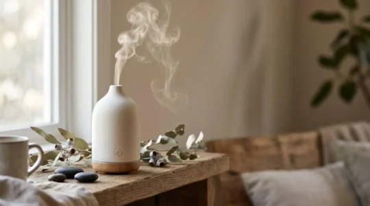 Diffuseur d'huiles essentielles moderne dispersant une brume aromatique uniforme dans un intérieur apaisant