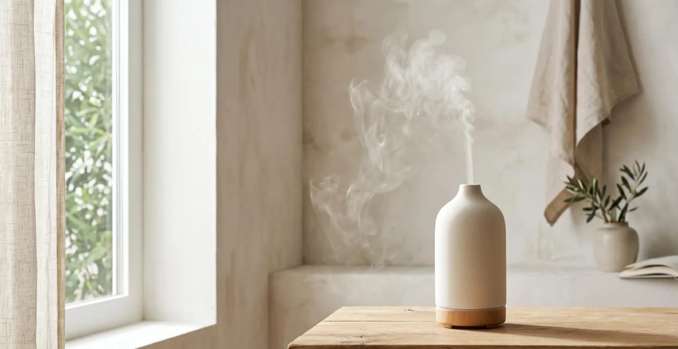 Diffuseur d'huiles essentielles moderne dispersant une brume délicate dans une pièce zen et lumineuse
