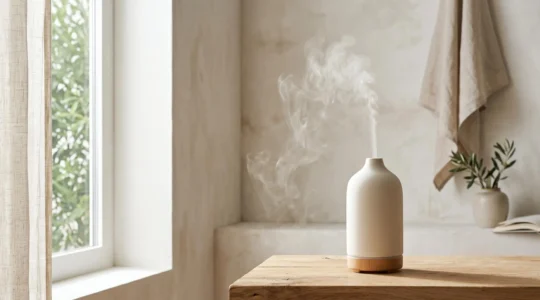 Diffuseur d'huiles essentielles moderne dispersant une brume délicate dans une pièce zen et lumineuse