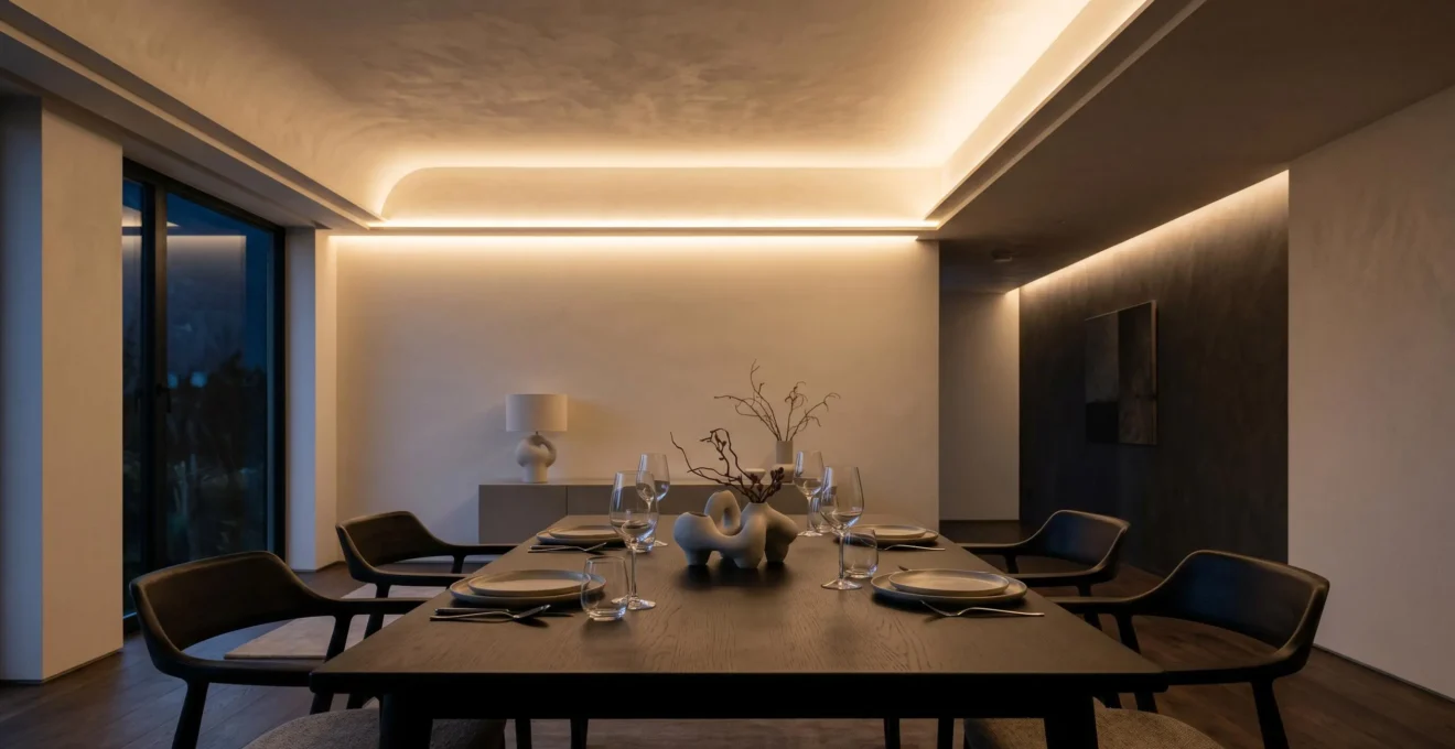 Salle à manger contemporaine baignée d'une lumière indirecte douce créant une atmosphère chaleureuse