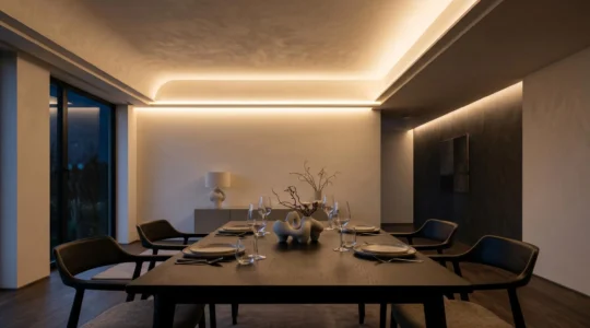 Salle à manger contemporaine baignée d'une lumière indirecte douce créant une atmosphère chaleureuse