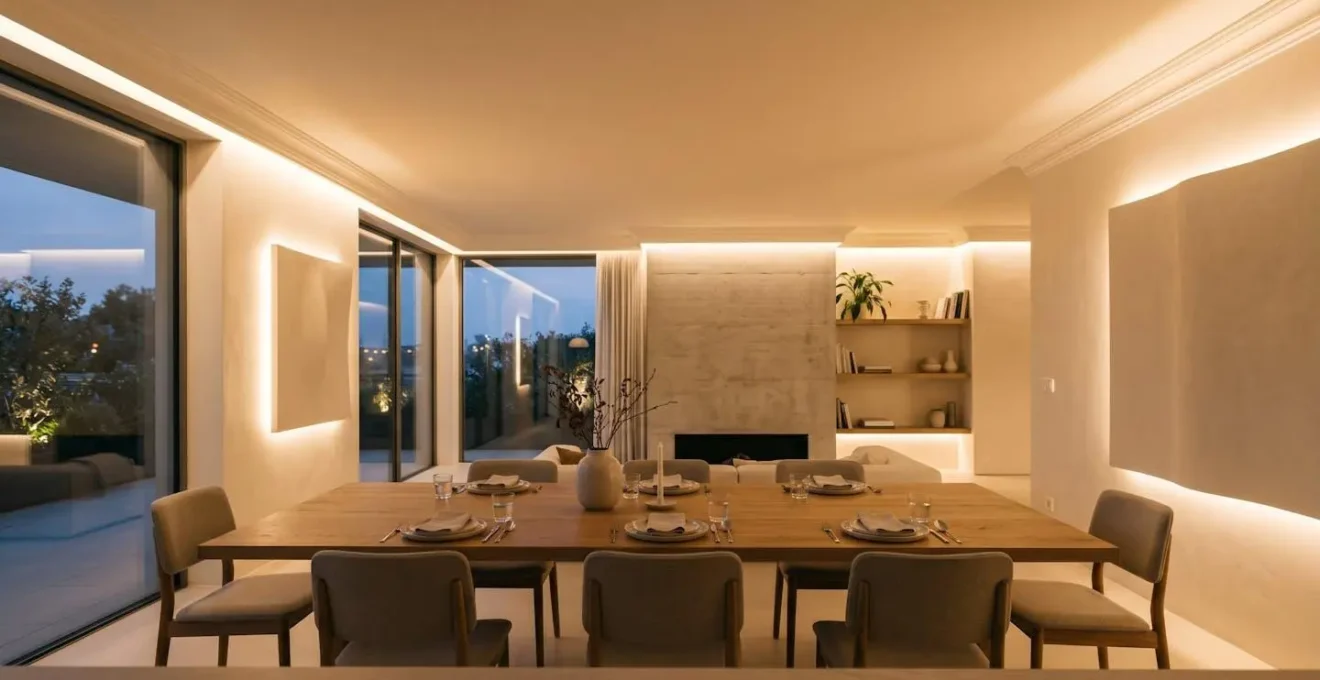 Salle à manger moderne avec éclairage indirect doux créant une ambiance chaleureuse sans plafonnier central