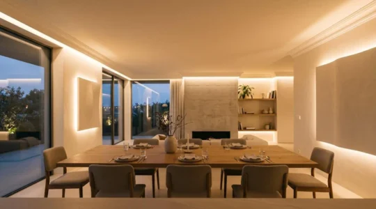 Salle à manger moderne avec éclairage indirect doux créant une ambiance chaleureuse sans plafonnier central