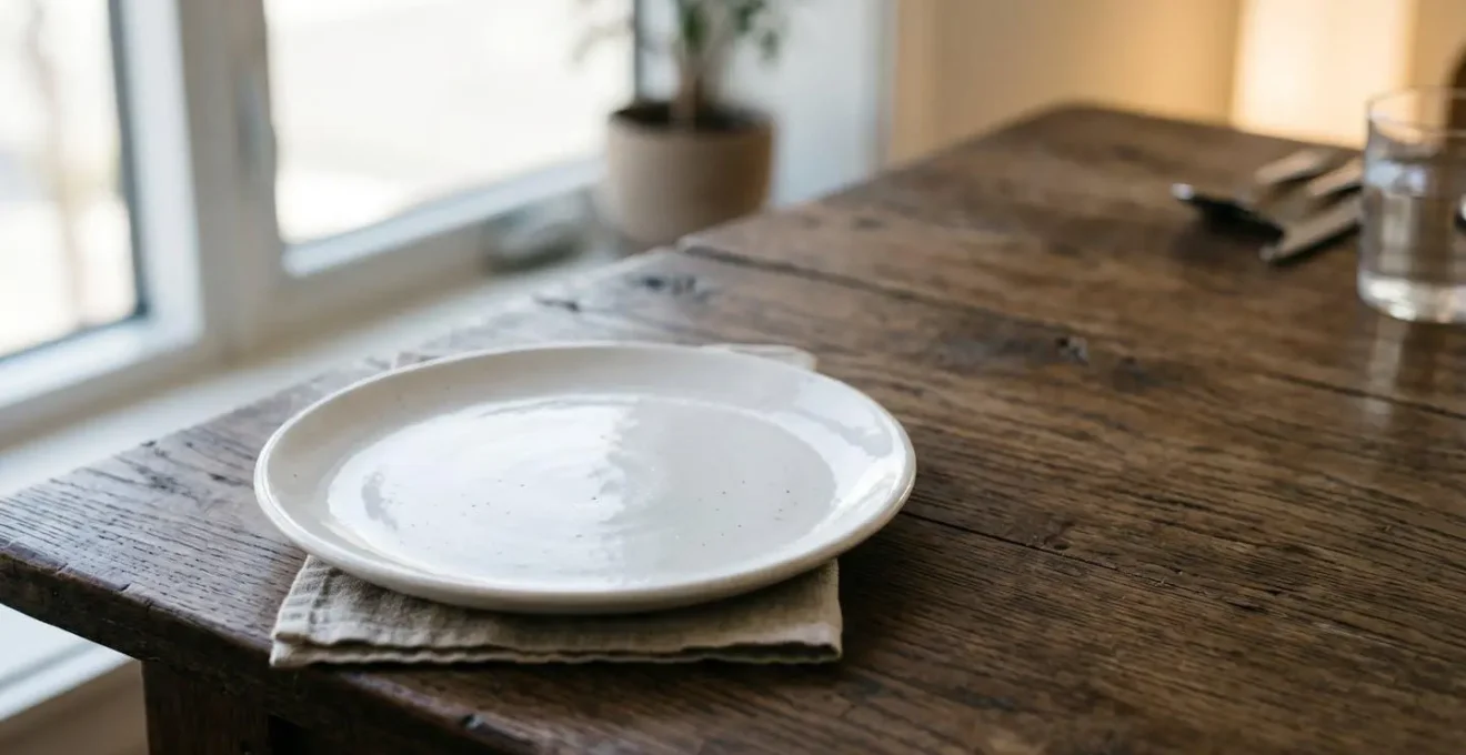 Assiette en faïence blanche immaculée posée sur une table en bois, éclairée par une lumière naturelle douce