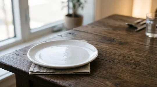 Assiette en faïence blanche immaculée posée sur une table en bois, éclairée par une lumière naturelle douce