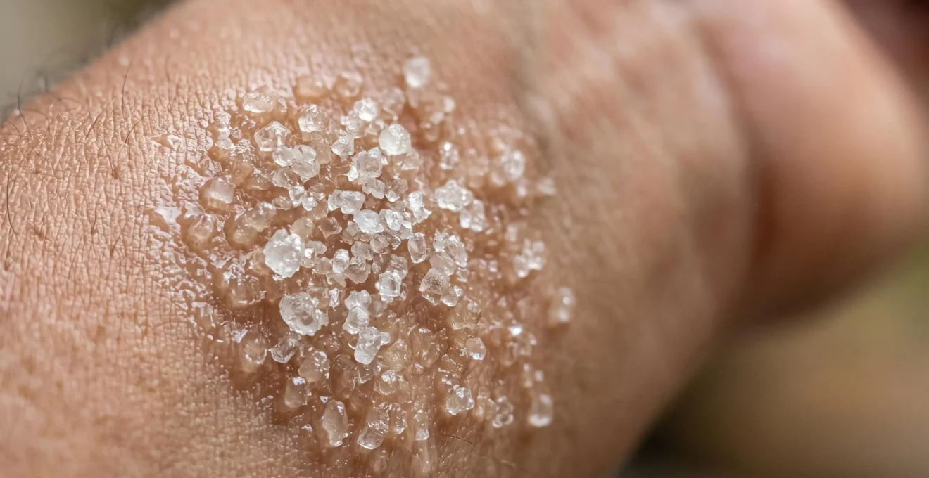 Grains de sucre sur peau humide illustrant une exfoliation douce pour peau sèche
