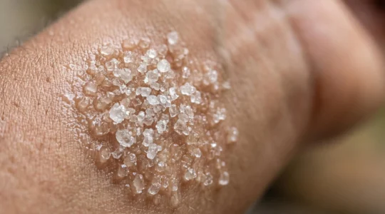 Grains de sucre sur peau humide illustrant une exfoliation douce pour peau sèche