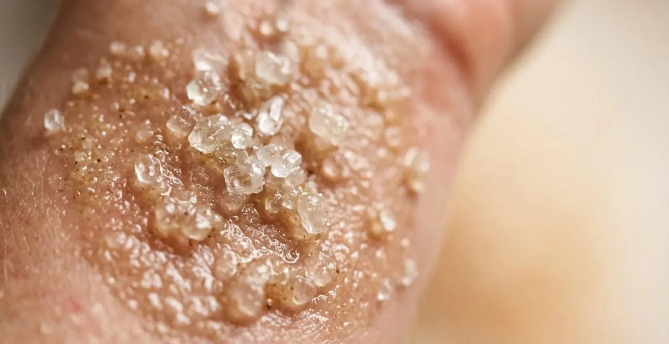Gros plan sur une texture de gommage au sucre avec des grains cristallins sur une surface naturelle