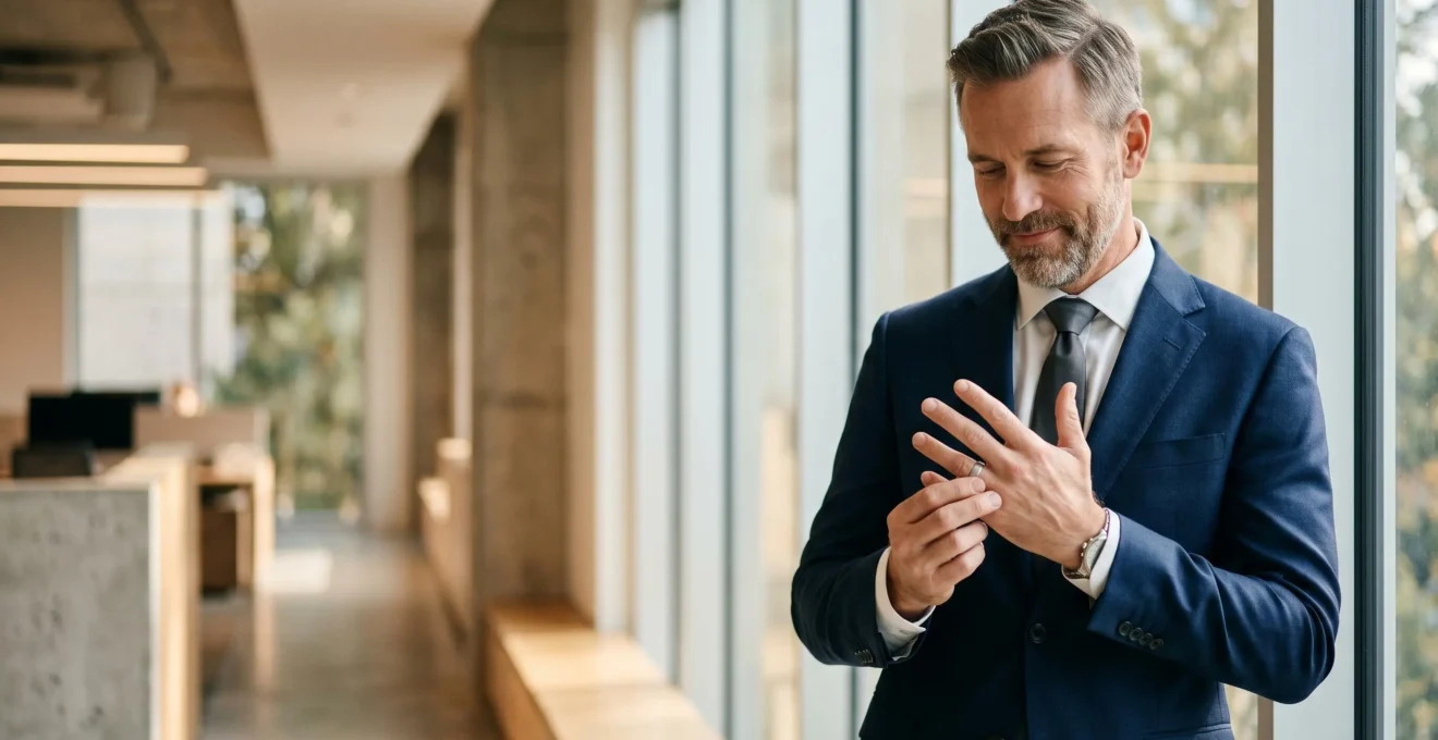 Homme professionnel ajustant une bague métallique dans un environnement de bureau contemporain, lumière naturelle