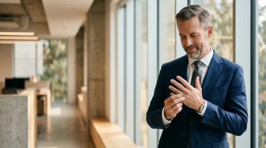 Homme professionnel ajustant une bague métallique dans un environnement de bureau contemporain, lumière naturelle