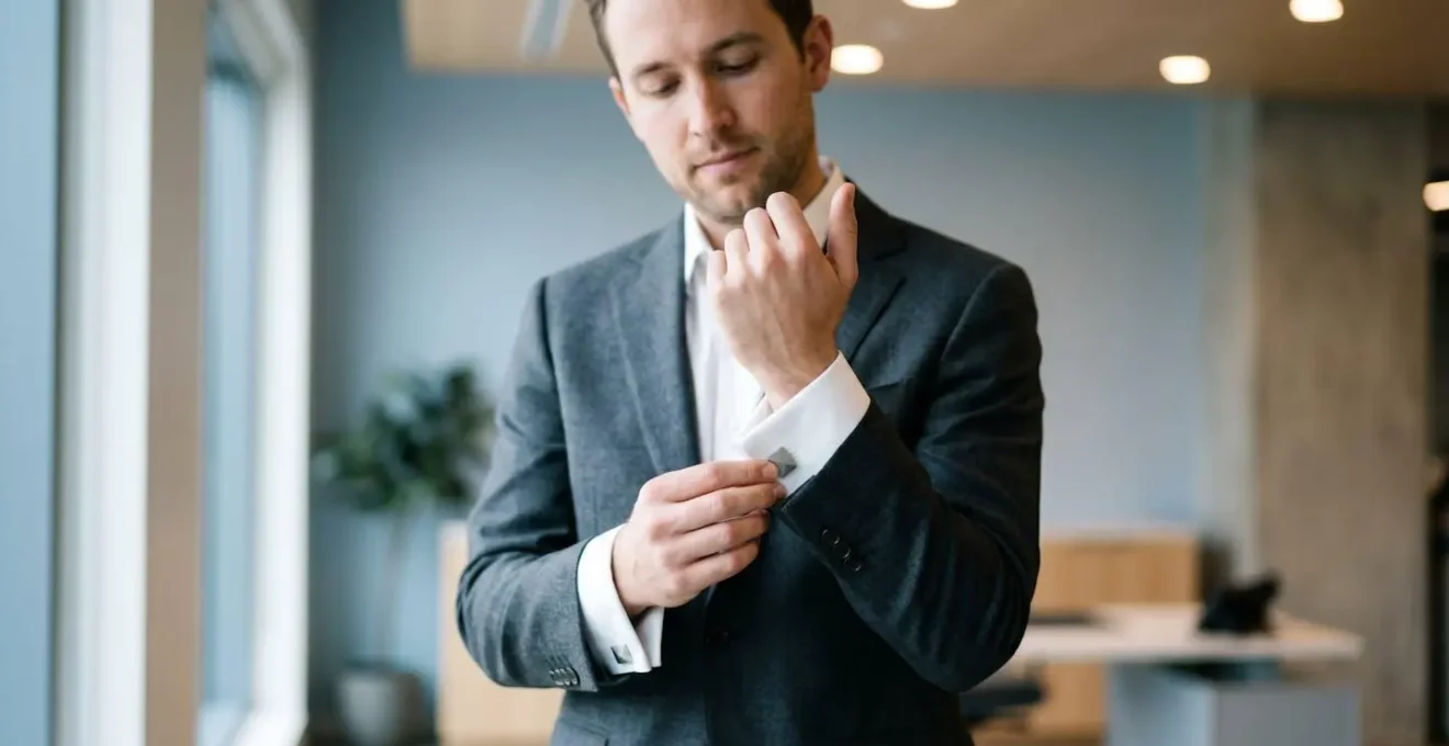 Professionnel élégant ajustant ses boutons de manchette discrets dans un environnement de travail contemporain