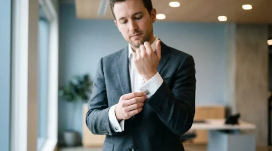 Professionnel élégant ajustant ses boutons de manchette discrets dans un environnement de travail contemporain