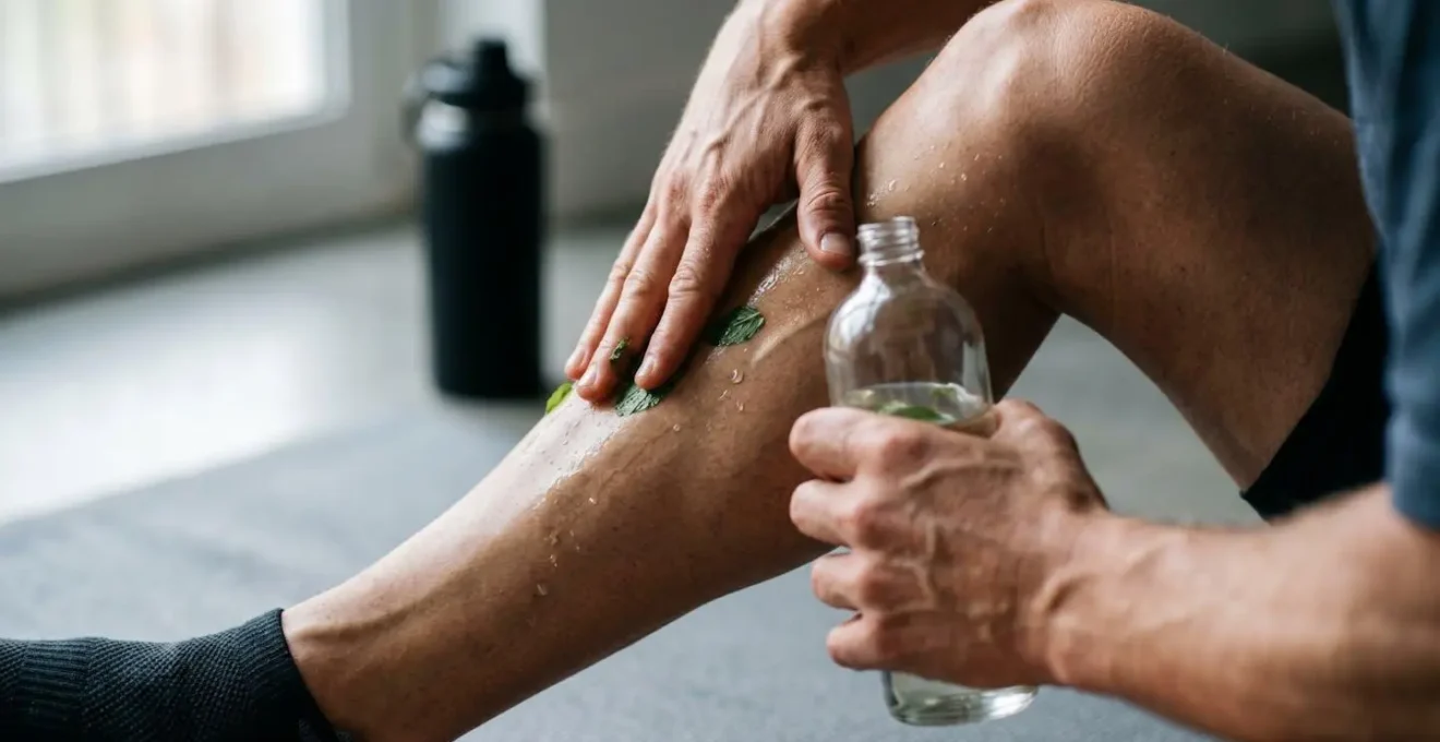 Application d'huile de massage à la menthe poivrée sur des muscles après l'effort physique