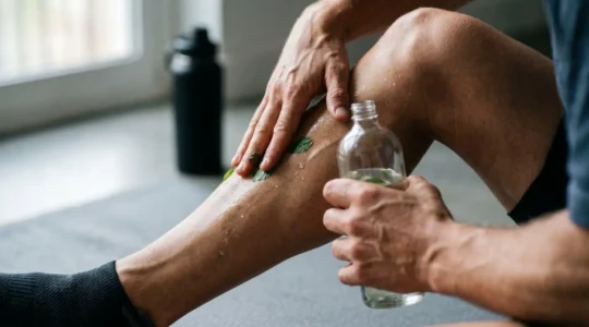 Application d'huile de massage à la menthe poivrée sur des muscles après l'effort physique