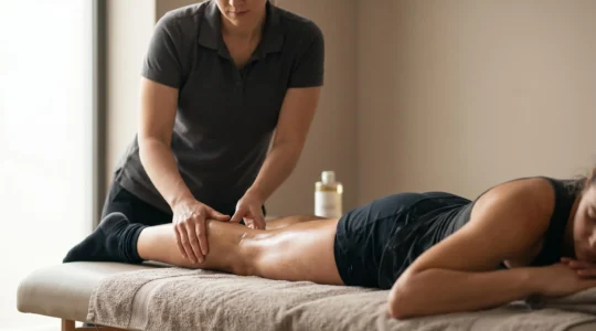 Huile essentielle de menthe poivrée appliquée lors d'un massage musculaire post-effort