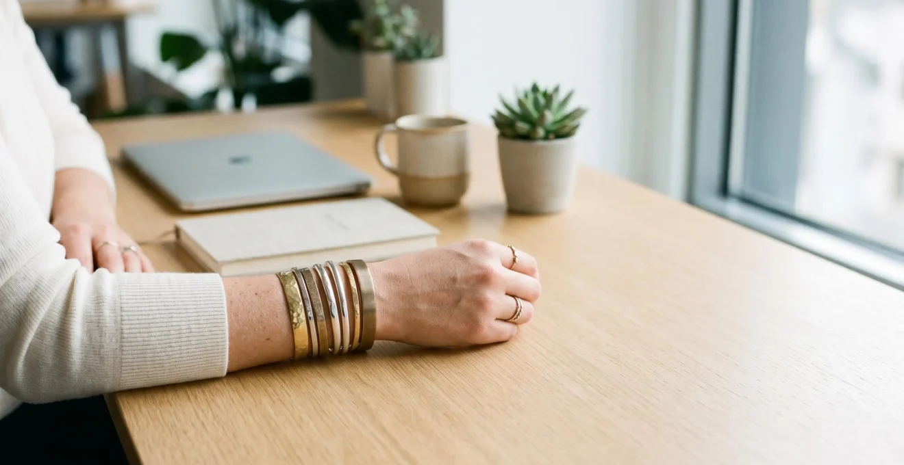 Composition élégante de plusieurs bracelets joncs métalliques empilés sur un poignet au bureau, jeu de textures lisses et martelées, lumière naturelle douce
